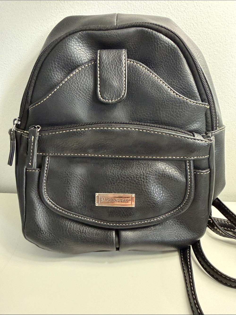 St. John's Bay Black Faux Leather Mini Backpack with Contrast Stitching